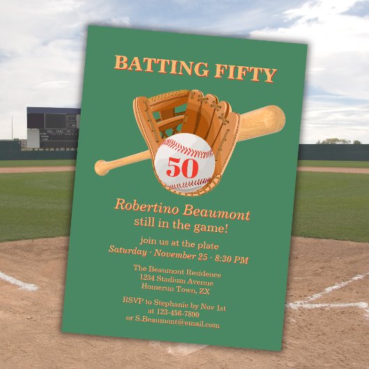 Baseball Glove Batting Fifty Men's 50th Birthday 招待状