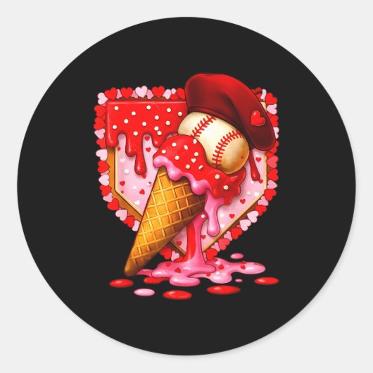 Baseball Heart Valentine Baseball Ice Cream Drip B ラウンドシール (正面)