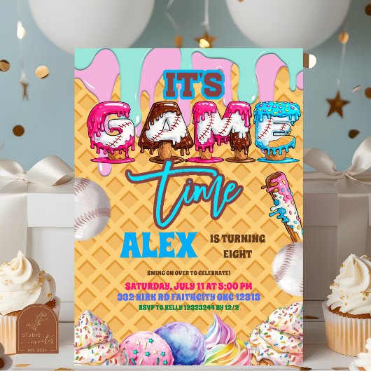 Baseball Ice Ceam Drip Game Time Birthday Party In 招待状