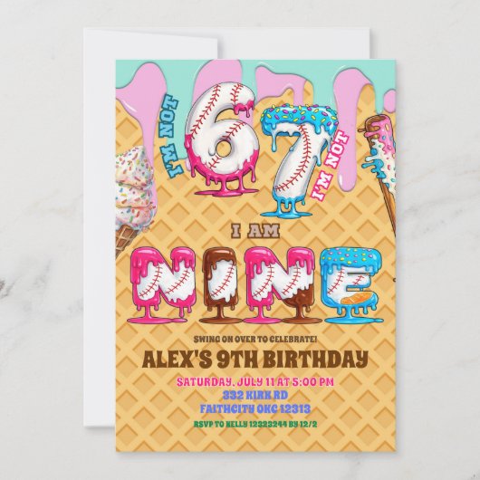 Baseball Ice Ceam Drip Six Seven boy 9th Birt 招待状 (正面)