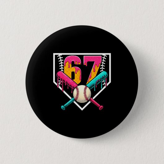 Baseball Ice Cream Drip Number 67 Player 67th Birt 缶バッジ (正面)