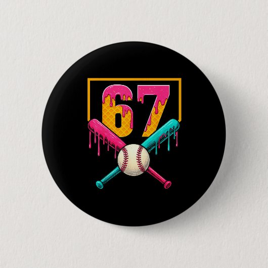 Baseball Ice Cream Drip Number 67 Player 67th Birt 缶バッジ (正面)