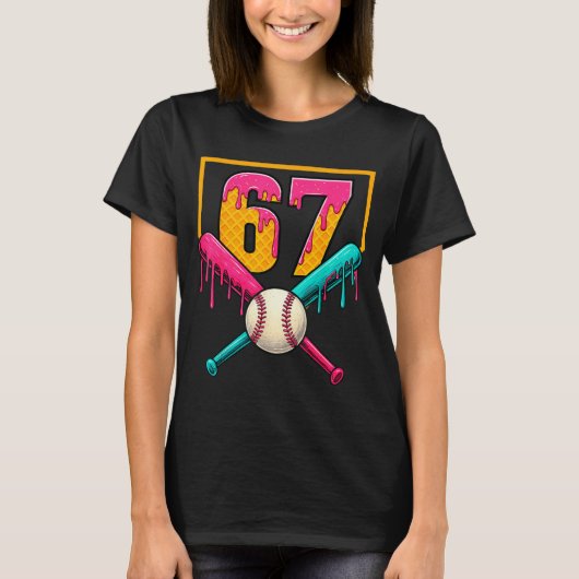Baseball Ice Cream Drip Number 67 Player 67th Birt Tシャツ (正面)