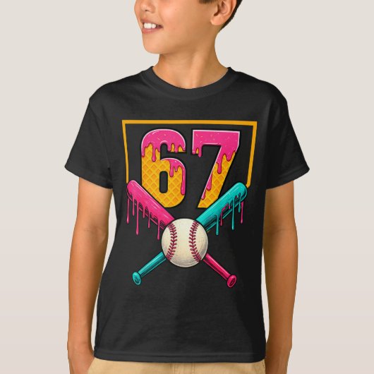 Baseball Ice Cream Drip Number 67 Player 67th Birt Tシャツ (正面)