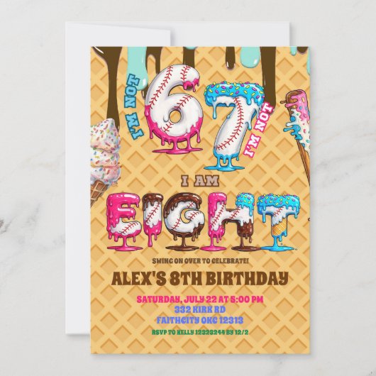 Baseball Ice Cream Drip Six Seven boy 8th Birthday 招待状 (正面)