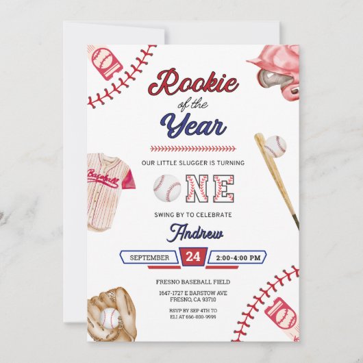 Baseball Little Slugger 1st Birthday Boy Party 招待状 (正面)