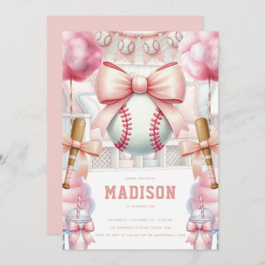 Baseball Luxury Birthday Girly Sports Theme 招待状 (正面/裏面)
