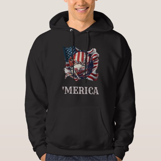 Baseball Merica Patriotic 4th July American Flag パーカ (正面)
