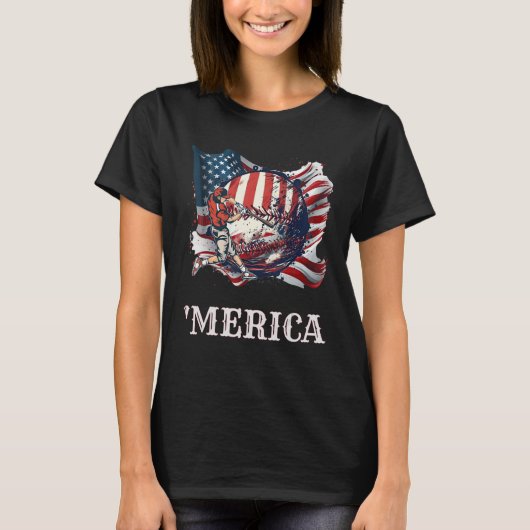 Baseball Merica Patriotic 4th July American Flag Tシャツ (正面)