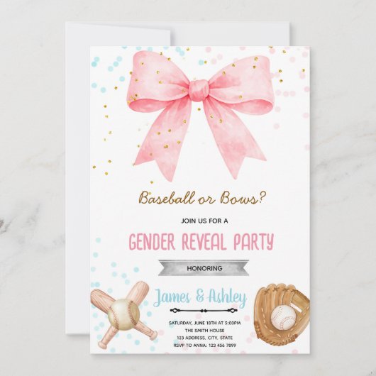 Baseball or Bows Gender Reveal invitation 招待状 (正面)