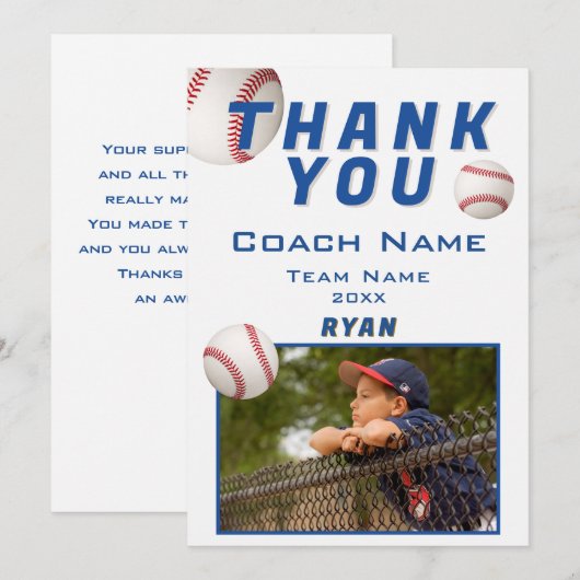 Baseball Photo Player Team Coach サンキューカード (正面/裏面)