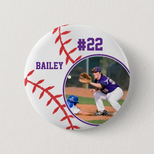 Baseball Pin Name Jersey Number Purple Photo 缶バッジ (正面)