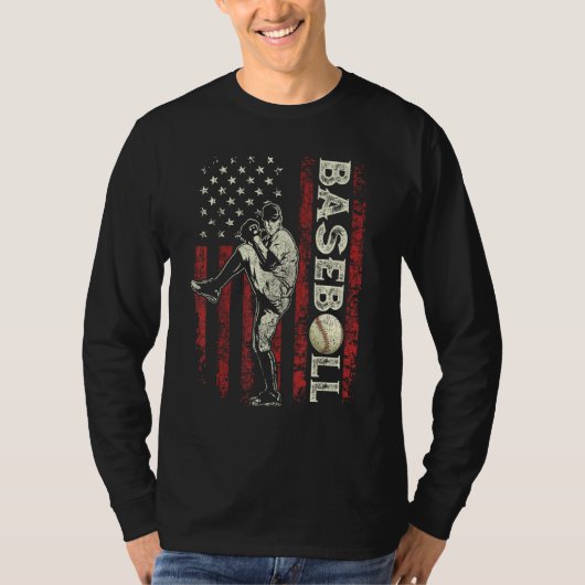 Baseball Pitcher US Flag  Dad Men Patriotic 4th Of Tシャツ (正面)