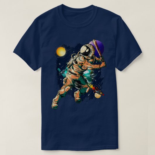 Baseball Player Astronaut Outer Space UFO Planets Tシャツ (デザイン正面)