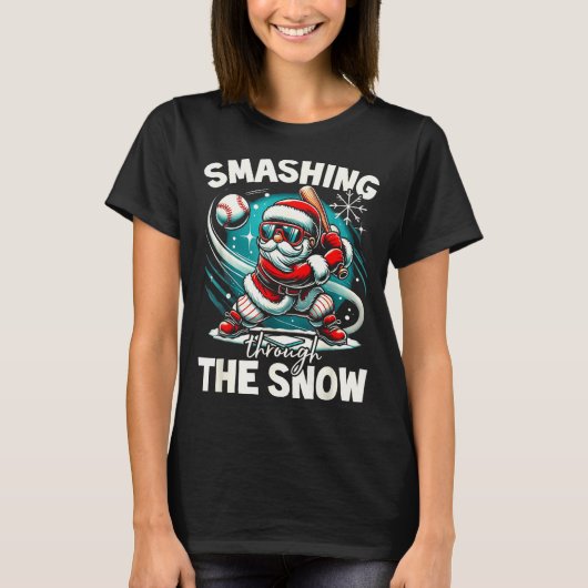 Baseball Player Christmas Santa, Smashing Through Tシャツ (正面)