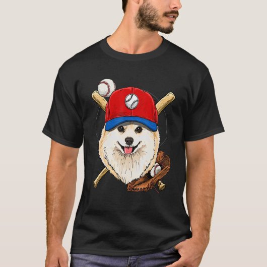 Baseball Player Coaches Pomeranian Dog  Catcher Pi Tシャツ (正面)