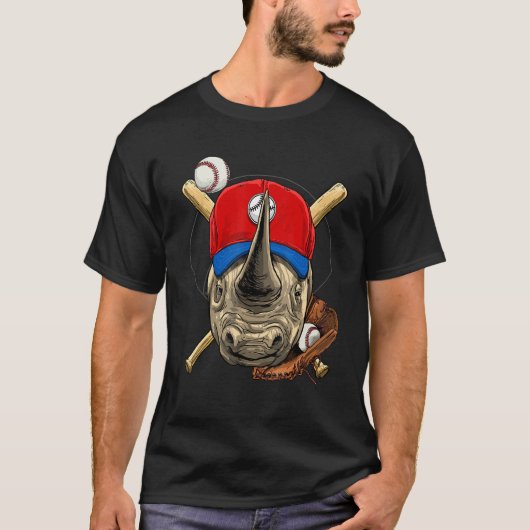 Baseball Player Rhinoceros Pitcher Catcher Basebal Tシャツ (正面)