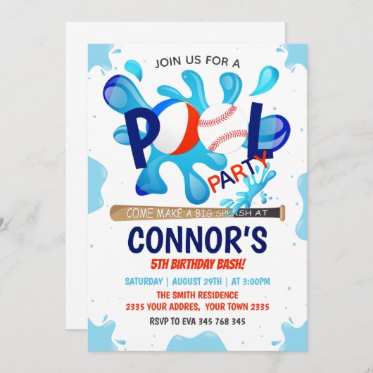 Baseball Pool Party Splish Splash Pool Birthday 招待状 (正面/裏面)