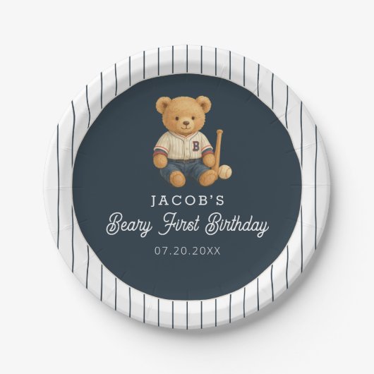 Baseball Preppy Bear 1st Birthday ペーパープレート (正面)