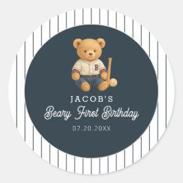 Baseball Preppy Bear 1st Birthday ラウンドシール