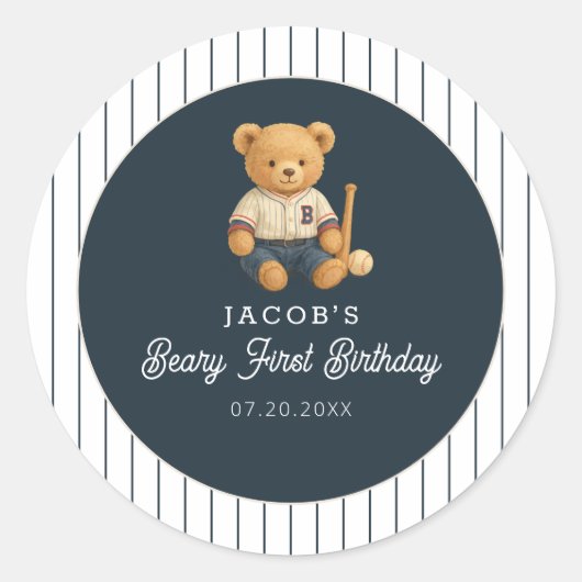 Baseball Preppy Bear 1st Birthday ラウンドシール (正面)