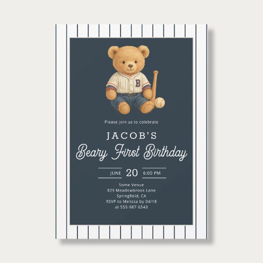 Baseball Preppy Teddy Bear 1st Birthday 招待状