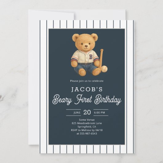 Baseball Preppy Teddy Bear 1st Birthday 招待状 (正面)