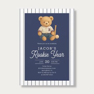 Baseball Rookie Teddy Bear 1st Birthday 招待状