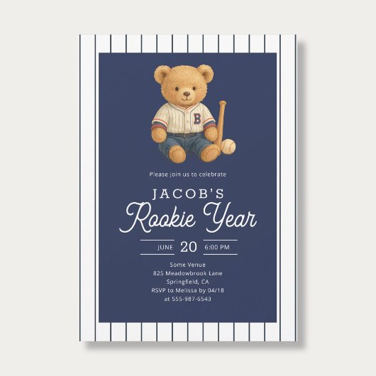 Baseball Rookie Teddy Bear 1st Birthday 招待状
