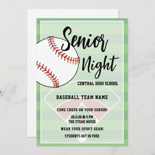 Baseball Senior Night High School Party 招待状 (正面/裏面)