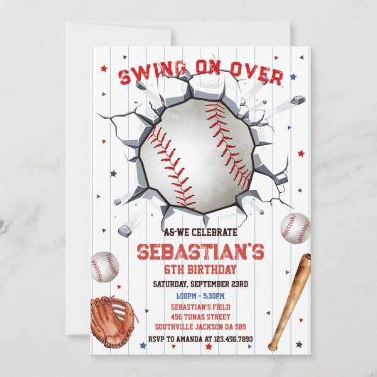 Baseball Swing On Over Boy Birthday Invitation 招待状 (正面)