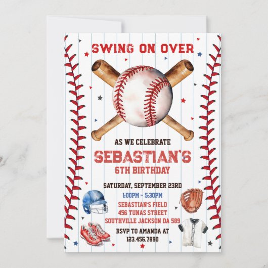 Baseball Swing On Over Boy Birthday Invitation 招待状 (正面)