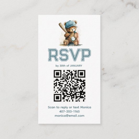 Baseball Teddy Bear Baby Shower QR Code RSVP  エンクロージャーカード (正面)