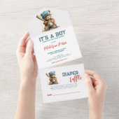 Baseball Teddy Bear Bory Baby Shower  オールインワン招待状 (貼ってはがせる)