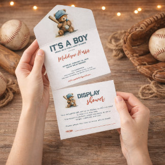Baseball Teddy Bear Boy QR Display  Baby Shower オールインワン招待状