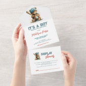 Baseball Teddy Bear Boy QR Display  Baby Shower オールインワン招待状 (貼ってはがせる)