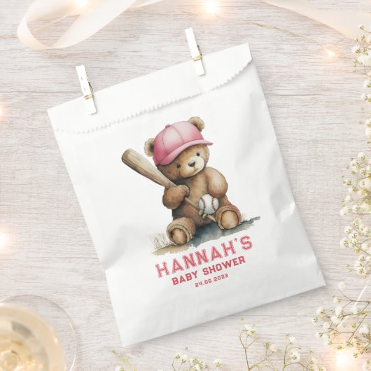 Baseball Teddy Bear Personalized Girl Baby Shower フェイバーバッグ (クリップ留めされた状態)