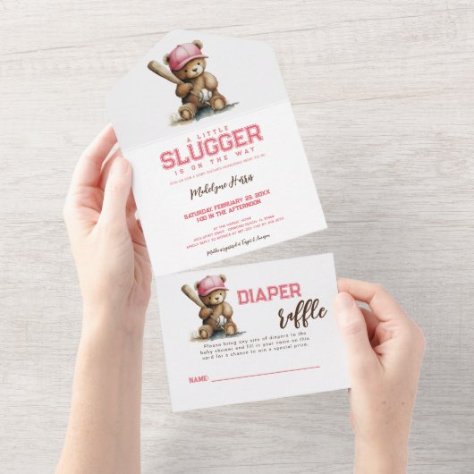 Baseball Teddy Bear QR RSVP Diaper raffle オールインワン招待状 (貼ってはがせる)