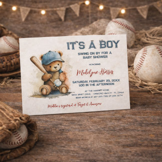 Baseball Teddy Bear Watercolor Boy Baby Shower インビテーションポストカード