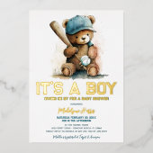 Baseball  Teddy Bear Watercolor Boy Baby Shower  箔招待状 (正面)