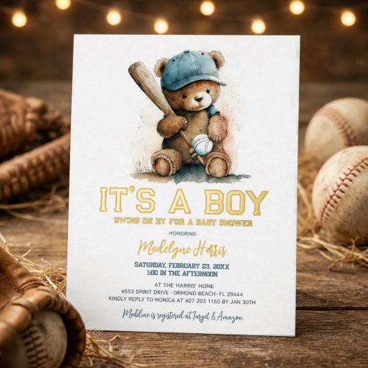 Baseball  Teddy Bear Watercolor Boy Baby Shower  箔招待状
