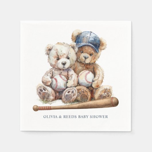 Baseball Teddy Bears Twins Baby Shower スタンダードカクテルナプキン (正面)
