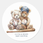 Baseball Teddy Bears Twins Baby Shower ラウンドシール (正面)