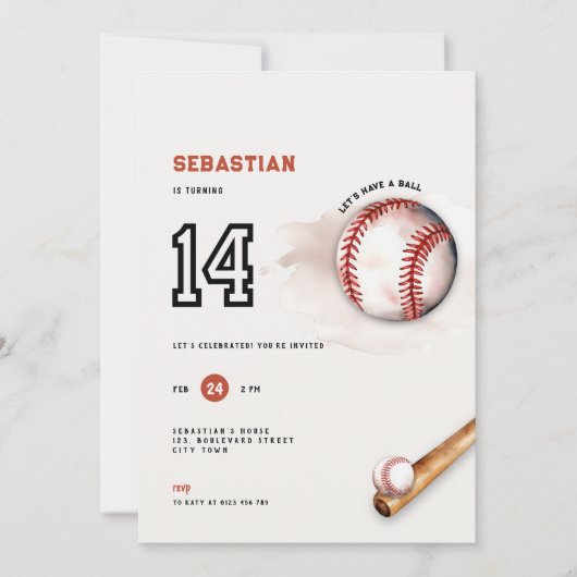 Baseball Teens Party 14th Birthday Invitation Kids 招待状 (正面)