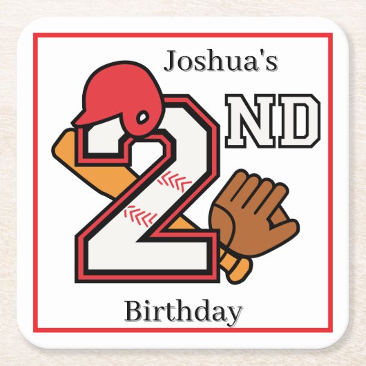 Baseball Theme 2nd Birthday Bat Ball Mitt スクエアペーパーコースター (正面)