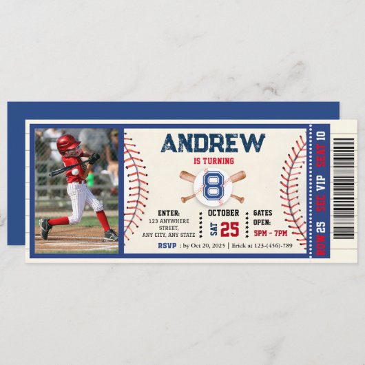 Baseball ticket any age birthday With photo 招待状 (正面/裏面)