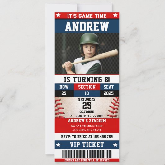 Baseball Ticket Sport Birthday with custom photo 招待状 (正面)