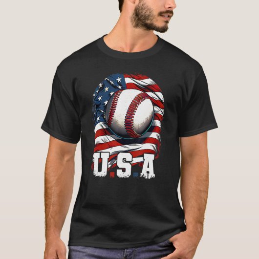 Baseball USA Flag Patriotic  4th Of July Baseball Tシャツ (正面)