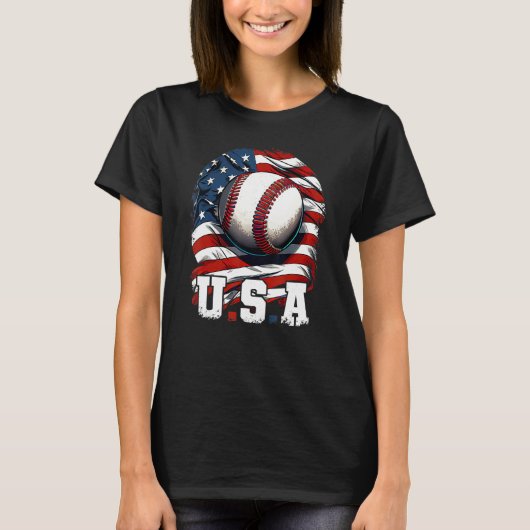 Baseball USA Flag Patriotic  4th Of July Baseball Tシャツ (正面)