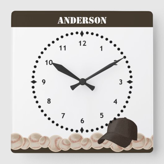 Baseball Wall Clock Black Cap スクエア壁時計 (正面)